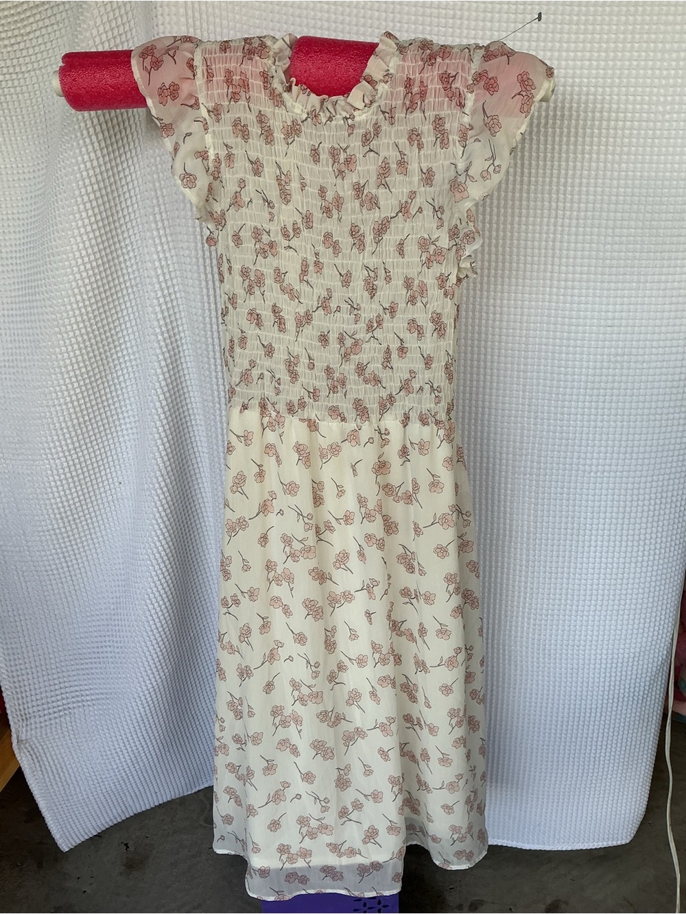 Sweet Rain Cream Midi Dress with Pink Floral Print